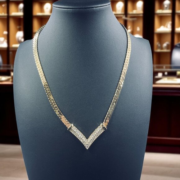 Chevron Necklace V Shaped Choker Statement Crystal Bling Iced Out Chain - Picture 1 of 8